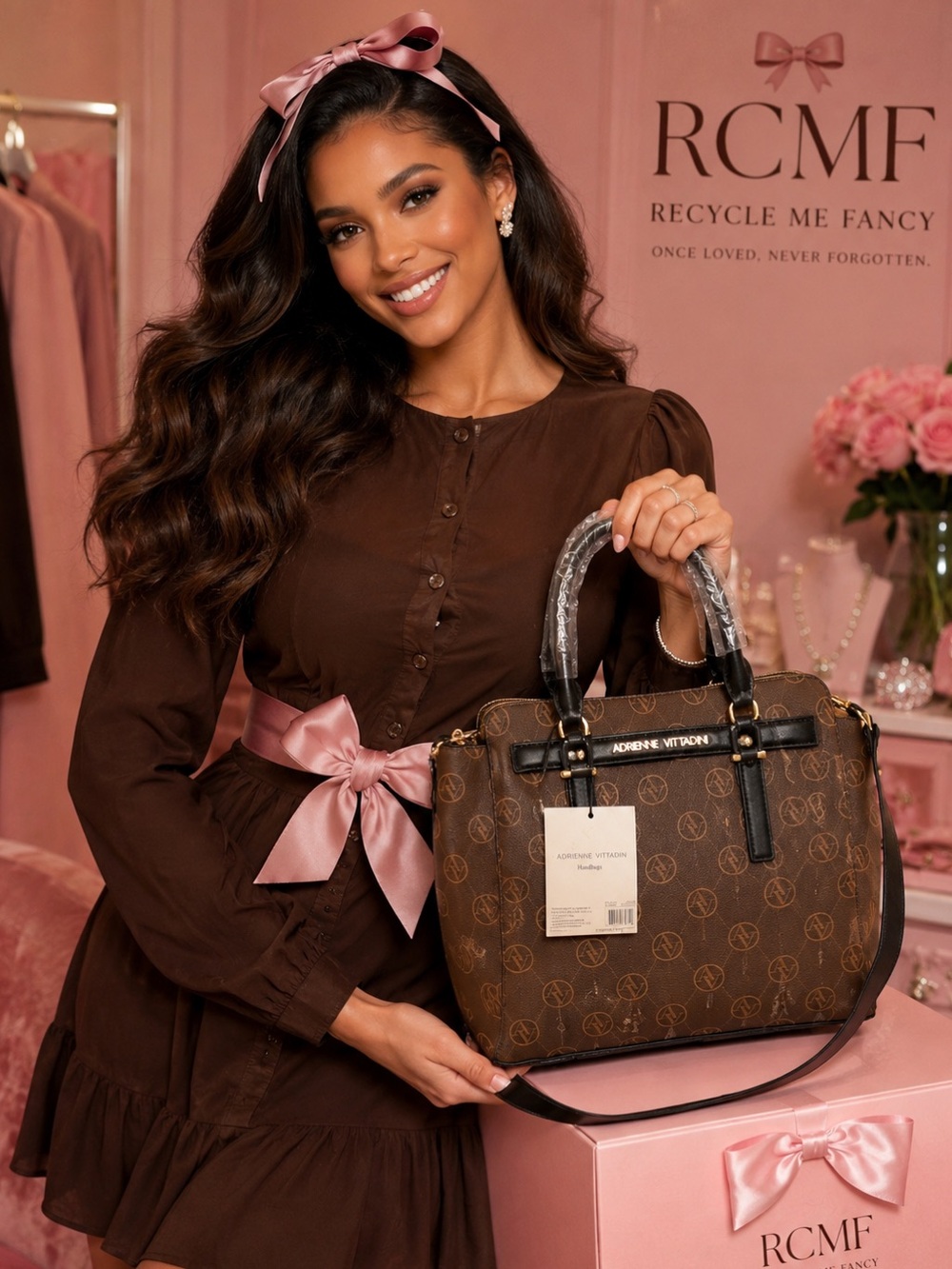 Adrienne Vittadini Brown Monogram Satchel with Black Trim NWT